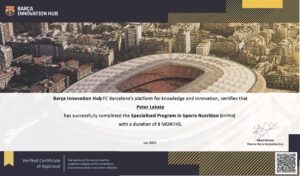 PLA_Sports_nutrition_Certificate_Barca Sports nutrition certifikát Peter Lakata